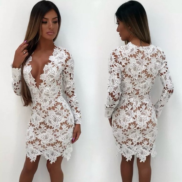 Ivory White Deep V Lace Bodycon Dress - Picture 9 of 13